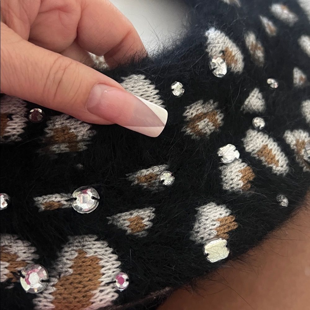 🛍️ Women’s Stylish Black Brown Rabbit Fur Wool rhinestone Beret NWT - Picture 7 of 8
